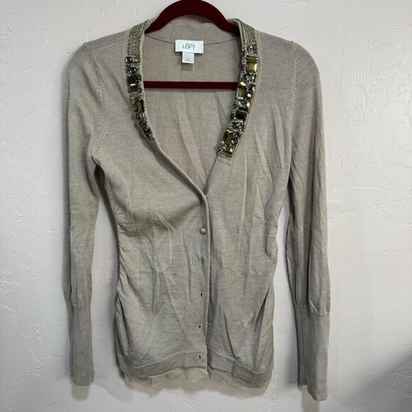 Ann Taylor Sweaters - Ann Taylor Loft Taupe Beige Long Sleeve Cardigan Sweater SZ Small JEWLED V NECK